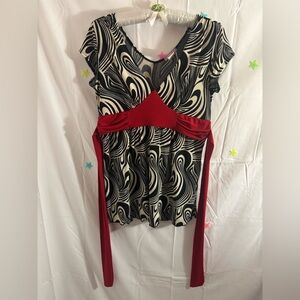 90’s/Y2K Vol. 1 Black and Red Short Sleeve Abstract Blouse with Tie